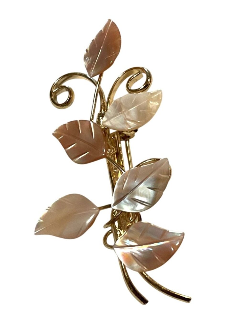 Vintage Mother Of Pearl Leaf & Gold Tone Brooch Pin 1.75"